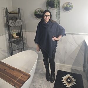 Alfani Navy Blue Cowl Neck Poncho Sweater With Faux Fur Trim-L/XL